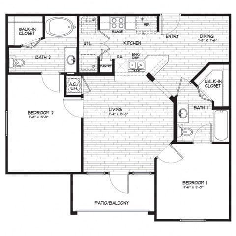 Floor plan for 2 beds, 2 baths, 994 sqft